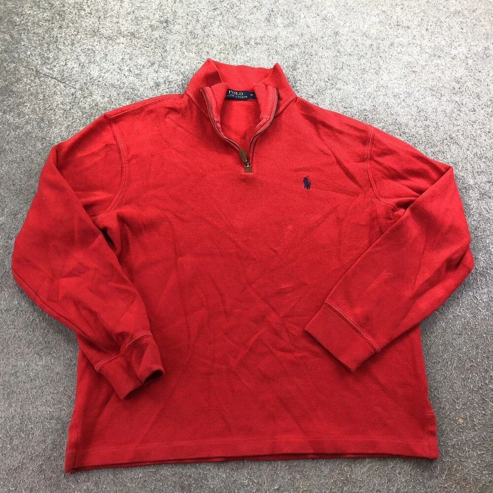 Polo Ralph Lauren Sweater Mens Medium Red 1/4 Zip Mock Neck Pony Logo Pullover